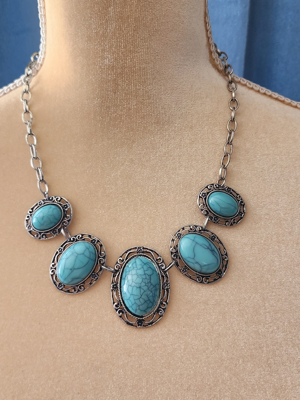 Turquoise Stone Statement Necklace - Silver Tone Women Jewelry